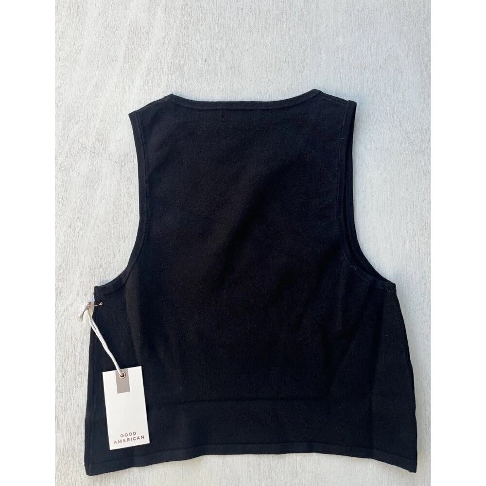 Good American Black Knit Cut In Cropped Pullover Sweater Size 3/4 - Picture 7 of 9